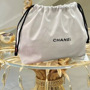 CHANEL white cotton canvas drawstring pouch cosmetic bag storage bag - Authentic